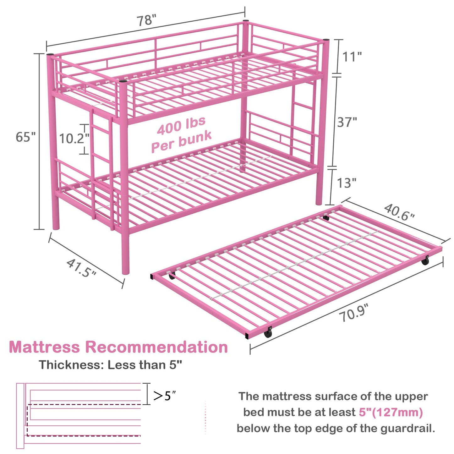 VECELO Bunk Bed Twin Over Twin with Trundle, Metal Bunkbeds with Ladder and Full-Length Guardrail, No Box Spring Needed, Space Saving, Noise Free, Pink