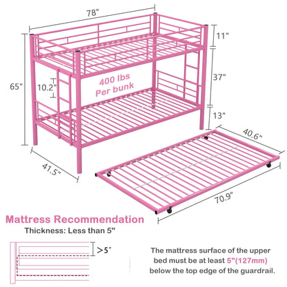 VECELO Bunk Bed Twin Over Twin with Trundle, Metal Bunkbeds with Ladder and Full-Length Guardrail, No Box Spring Needed, Space Saving, Noise Free, Pink