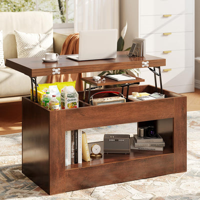 UNIQUITE 40" Lift Top Coffee Table, 4 in 1 Multi-Function Lift Coffee Tables with Storage and Hidden Compartment, Convertible Coffee Table to Dining Table for Living Room, Walnut