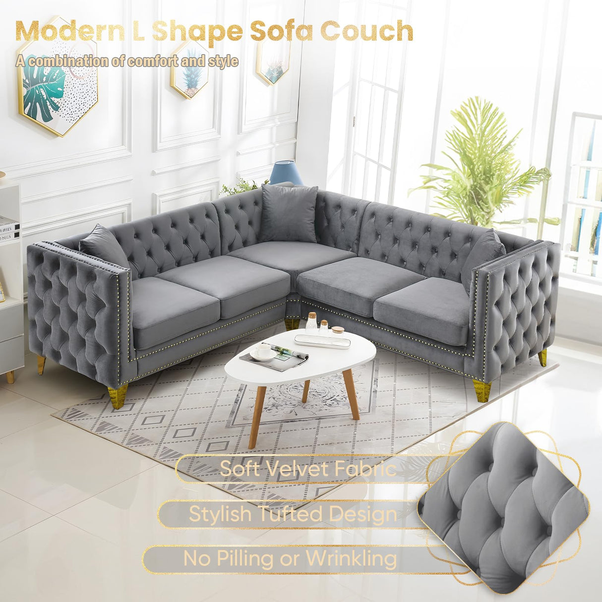 Velvet L Shaped Sofa Couch, Upholstered Sectional Couch with Tufted Back and Rivet Decoration, Modern 5 Seater Corner Sofa with Golden Tapered Legs and 3 Pillows, Comfy Couches for Living Room, Gray KINFFICT