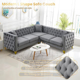 Velvet L Shaped Sofa Couch, Upholstered Sectional Couch with Tufted Back and Rivet Decoration, Modern 5 Seater Corner Sofa with Golden Tapered Legs and 3 Pillows, Comfy Couches for Living Room, Gray KINFFICT