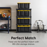 IRIS USA 27 Gallon Heavy Duty Truck Bed Toolbox Storage Tote Bins with Lids, 2 Pack - Made in USA, Tough Snap On Lockable Lid Stackable Industrial Tubs, Garage Organization Reusable Box - Black/Yellow Iris Ohyama