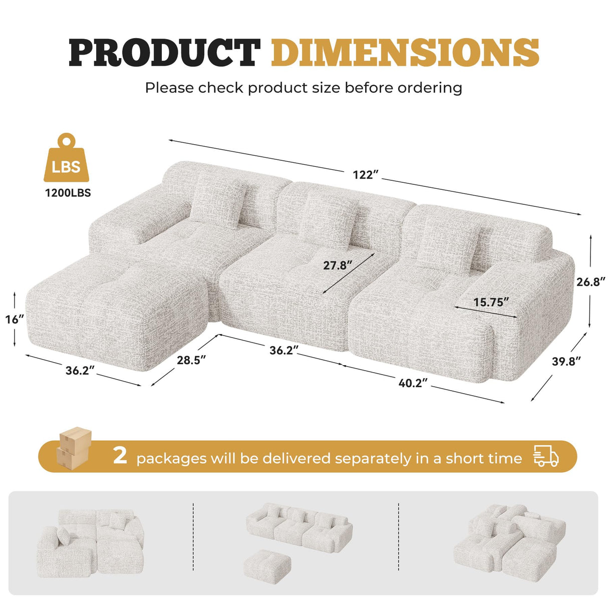 122" Modern L Shaped Modular Sectional Sofa, Boneless Couches for Living Room with Ottoman,4 Seater Convertible Chenille Cloud Couch Sofa Set, No Assembly Required, Beige 1 PCS Luxanimarion