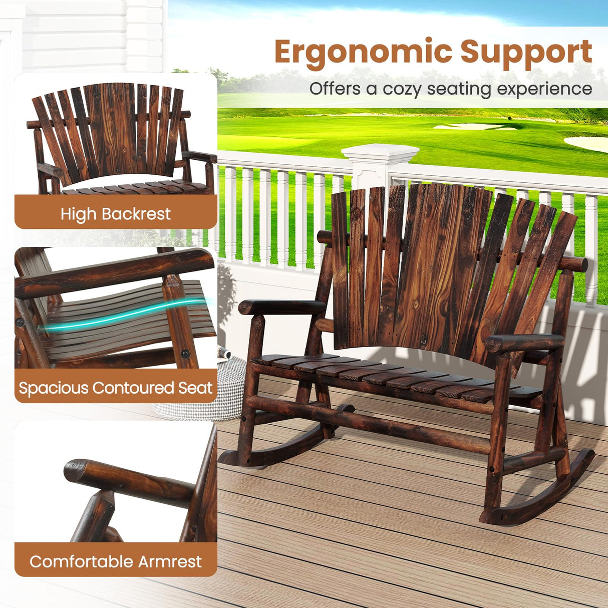 Giantex Outdoor Wooden Rocking Bench, 2-Person Adirondack Porch Rocker Chair with High Back and Slatted Seat, Rustic Log Loveseat for Front Porch Patio, Backyard, Garden, Brown, 51”x38”x46” Giantex