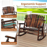 Giantex Outdoor Wooden Rocking Bench, 2-Person Adirondack Porch Rocker Chair with High Back and Slatted Seat, Rustic Log Loveseat for Front Porch Patio, Backyard, Garden, Brown, 51”x38”x46” Giantex