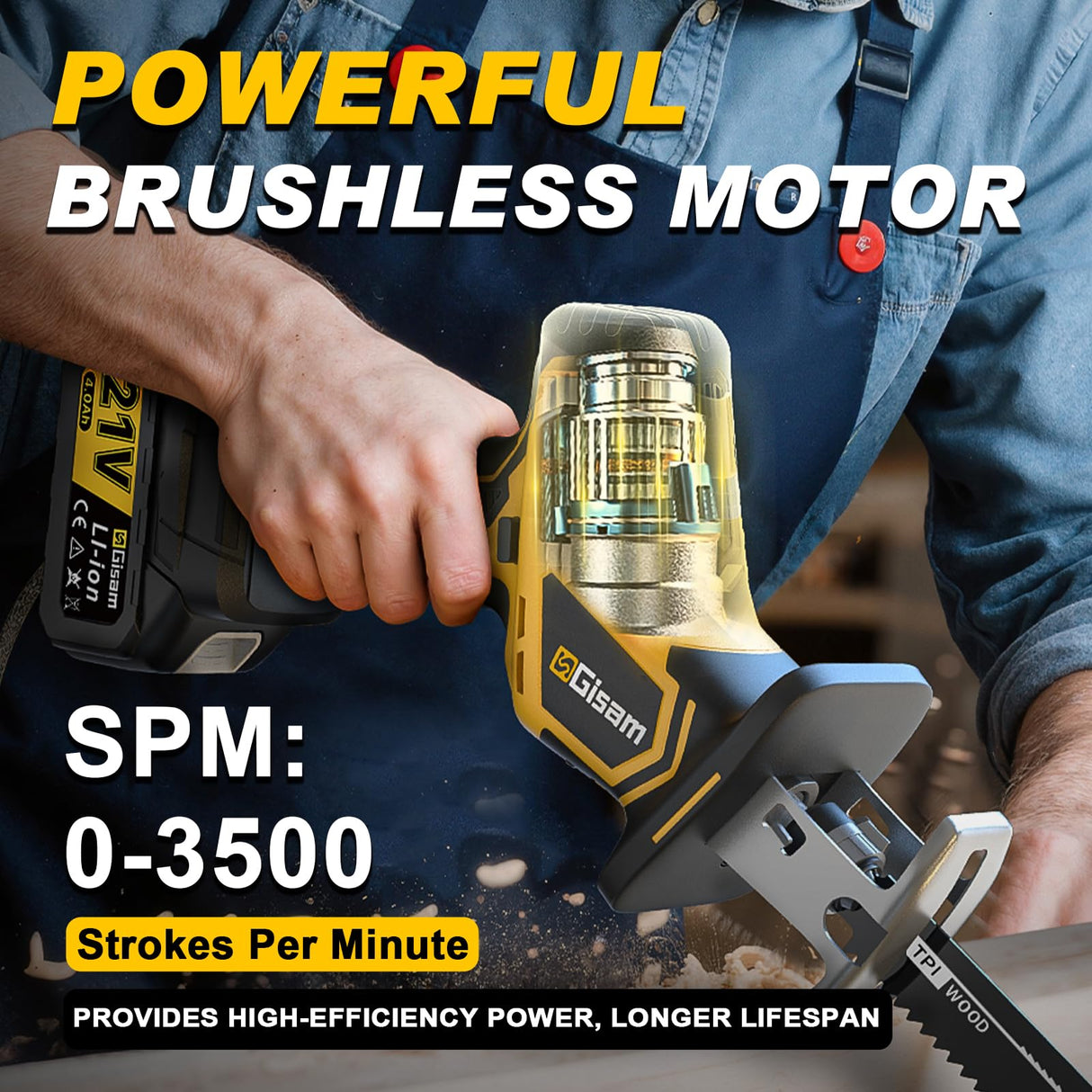 Cordless Reciprocating Saw -2x4.0Ah Batteries, Brushless Motor, 3500SPM Max, One-Hand Operation, Tool-Free Blade Change, for DIY & Home Users Gisam