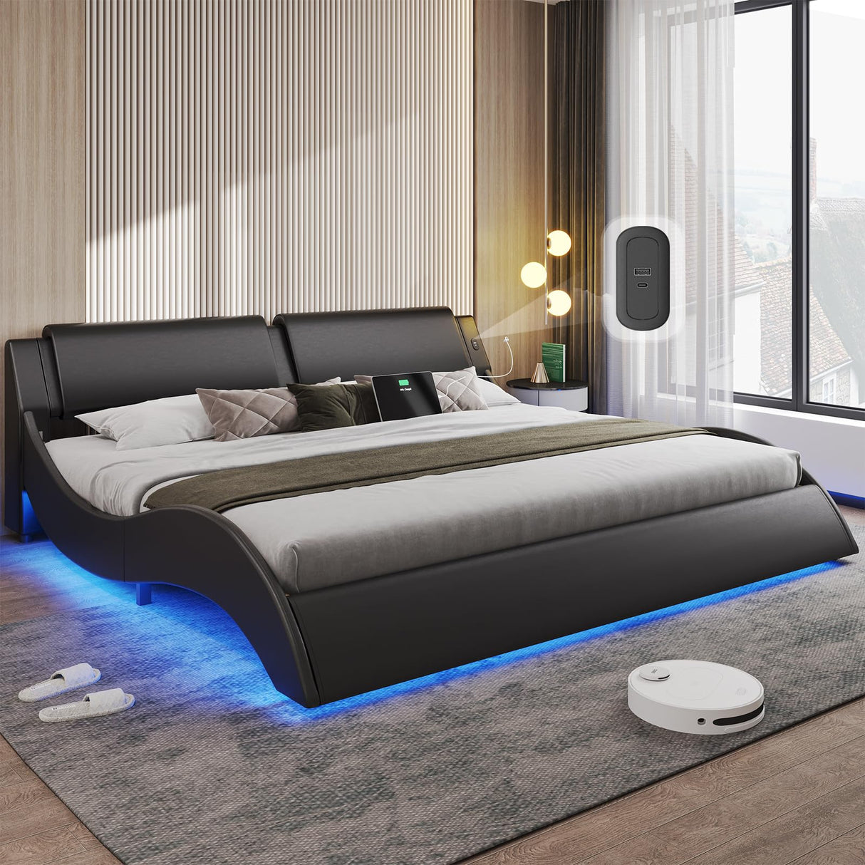DICTAC King Size Bed Frame with Headboard and Charging Ports Modern Low Profile King Platform Bed Frame with LED Lights Wave Like Curve King Led Bed Frame,Wood Slats Support,Easy Assembly,Black DICTAC