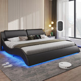DICTAC King Size Bed Frame with Headboard and Charging Ports Modern Low Profile King Platform Bed Frame with LED Lights Wave Like Curve King Led Bed Frame,Wood Slats Support,Easy Assembly,Black DICTAC