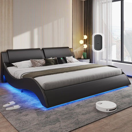 DICTAC King Size Bed Frame with Headboard and Charging Ports Modern Low Profile King Platform Bed Frame with LED Lights Wave Like Curve King Led Bed Frame,Wood Slats Support,Easy Assembly,Black DICTAC