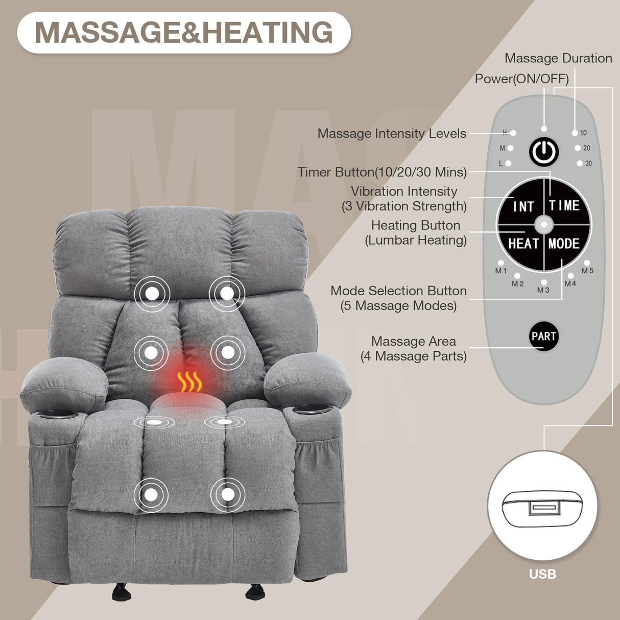 Massage Rocker Recliner Chair with Heat and Vibration Ergonomic Rocking Lounge Chair for Living Room Comfy Overstuffed Recliner with 4 Side Pockets,2 Cup Holders, USB Charge Port, Grey jonpony
