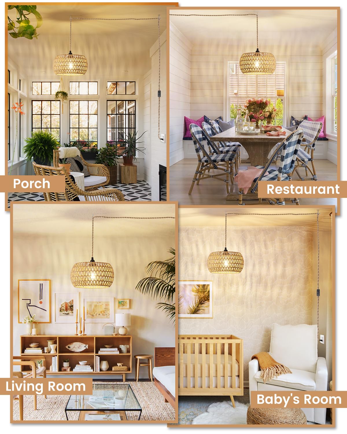 Rattan Boho Hanging Light,12.6'' Natural Hand Woven Fabric Drum Light,Plug Into Wall Outlet Pendant Light Fixture On/Off Switch for Dining,Living Room,Bedroom,Kitchen,Hallway Entryway, Without Bulb Dgroositon