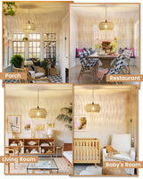Rattan Boho Hanging Light,12.6'' Natural Hand Woven Fabric Drum Light,Plug Into Wall Outlet Pendant Light Fixture On/Off Switch for Dining,Living Room,Bedroom,Kitchen,Hallway Entryway, Without Bulb Dgroositon