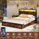 Giantex Queen Size LED Bed Frame with Charging Station & 4 Storage Drawers, Heavy Duty Metal Platform Bed with 2-Tier Storage Headboard, Noise Free, No Box Spring Needed, Rustic Brown Giantex