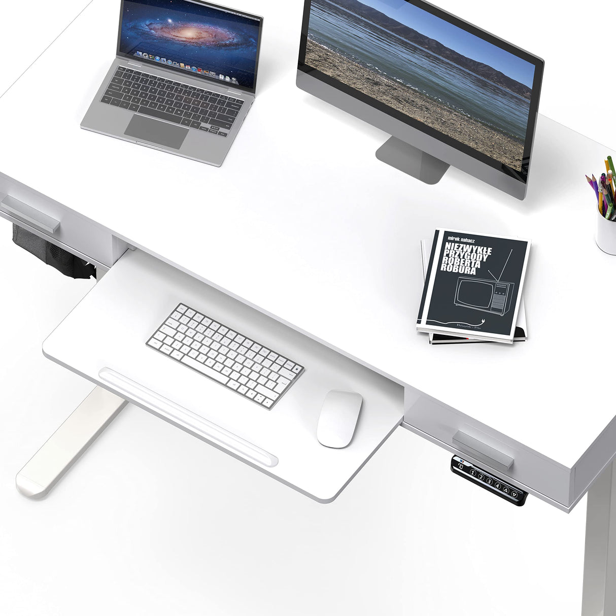 SHW 48-Inch Electric Height Adjustable Desk with Keyboard Tray and Two Drawers SHW