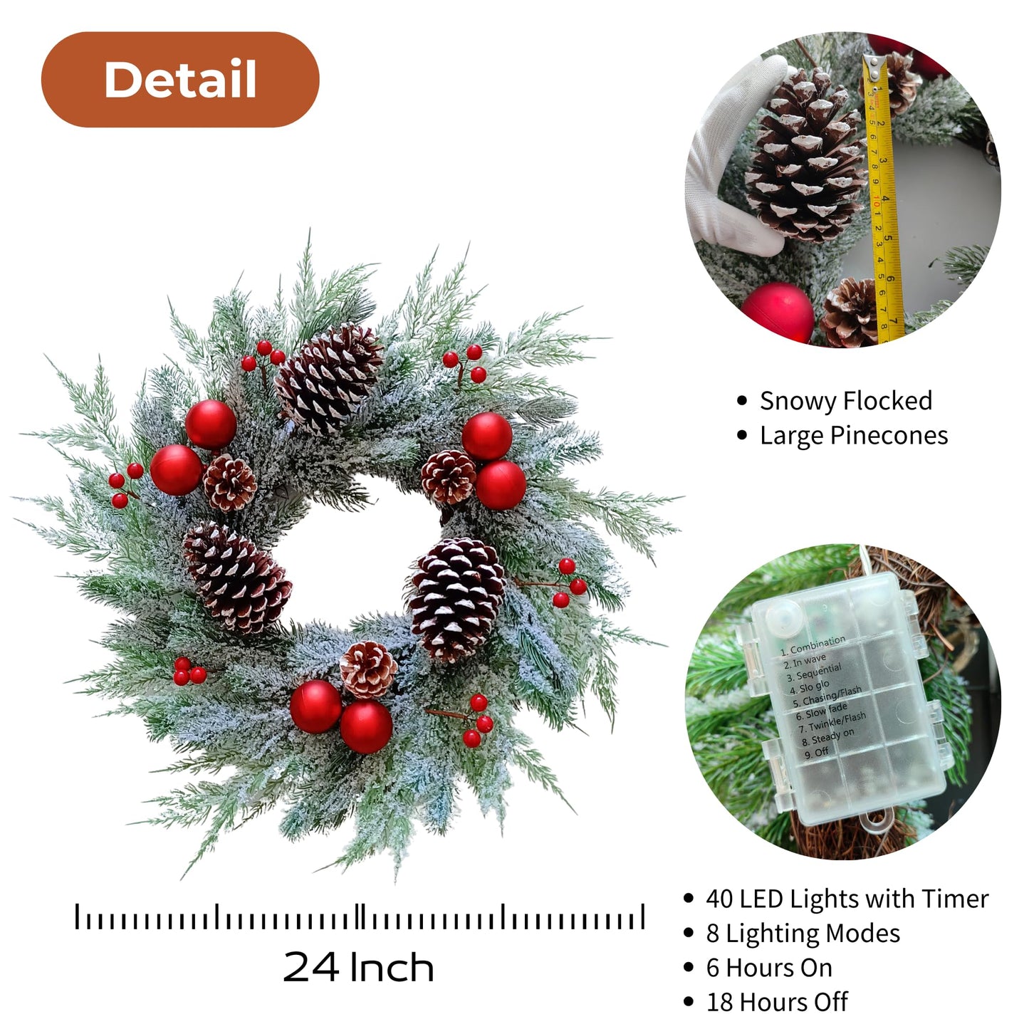 Christmas Wreath with Lights 24 Inch PreLit Christmas Wreaths for Front Door with Large Pinecones and Snowy Flocked, Battery Operated 40 LED Lights, Holiday Decoration for Fireplace Xmas Decor