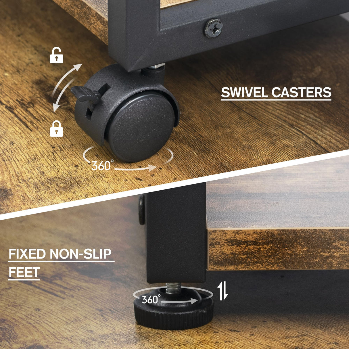 Cakokow Under Desk Printer Stand - 2-Tier Industrial Mobile Printer Table with Storage Shelf, Heavy Duty Wood Rolling Printer Cart with Wheels for Home and Office,Rustic Brown Cakokow