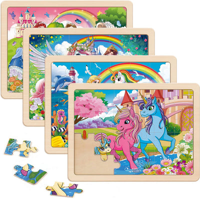 Wooden Puzzles for Kids Ages 4-6, Large 24 PCs Unicorn Mermaid Princess, Jigsaw Puzzles for Kids Ages 3-5, Preschool Educational Learning Toy for Boys and Girls