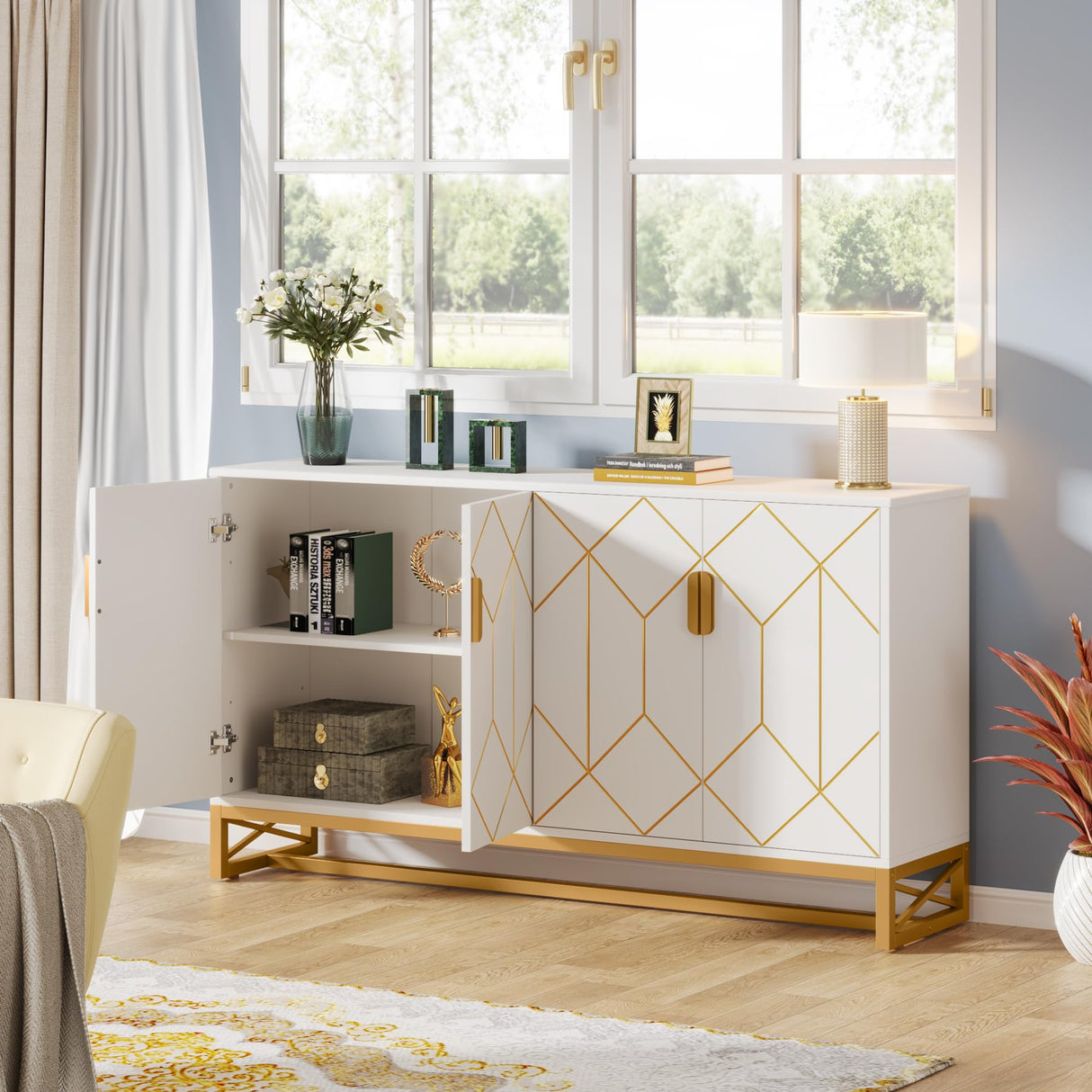 LITTLE TREE Storage Cabinet with Storage Shelves for Living Room, Modern Sideboard Buffets Cabinets Coffee Bar with Gold Metal Frame 4 Doors for Kitchen Dining Room Entryway Bedroom, White LITTLE TREE