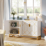 LITTLE TREE Storage Cabinet with Storage Shelves for Living Room, Modern Sideboard Buffets Cabinets Coffee Bar with Gold Metal Frame 4 Doors for Kitchen Dining Room Entryway Bedroom, White LITTLE TREE