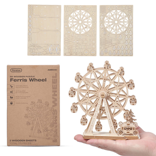 Prextex Ferris Wheel 3D Puzzle Wooden - 115 Precision Pieces Sturdy Wood - No Glue Needed for Assembly - Fun & Educational for Ages 8+ - Ideal for Hobbyists, Collectors, Decor, & Gifts - WoodArtSupply