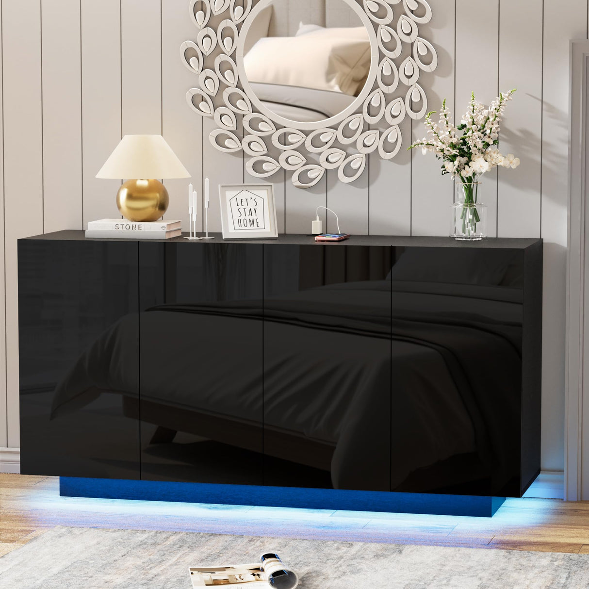 Anbuy Buffet Cabinet with LED Lights Sideboard with Storage Coffee Bar with Charging Station Buffet Cabinet with High Gloss Doors for Kitchen, Bedroom, Living Room (Black LED) Anbuy