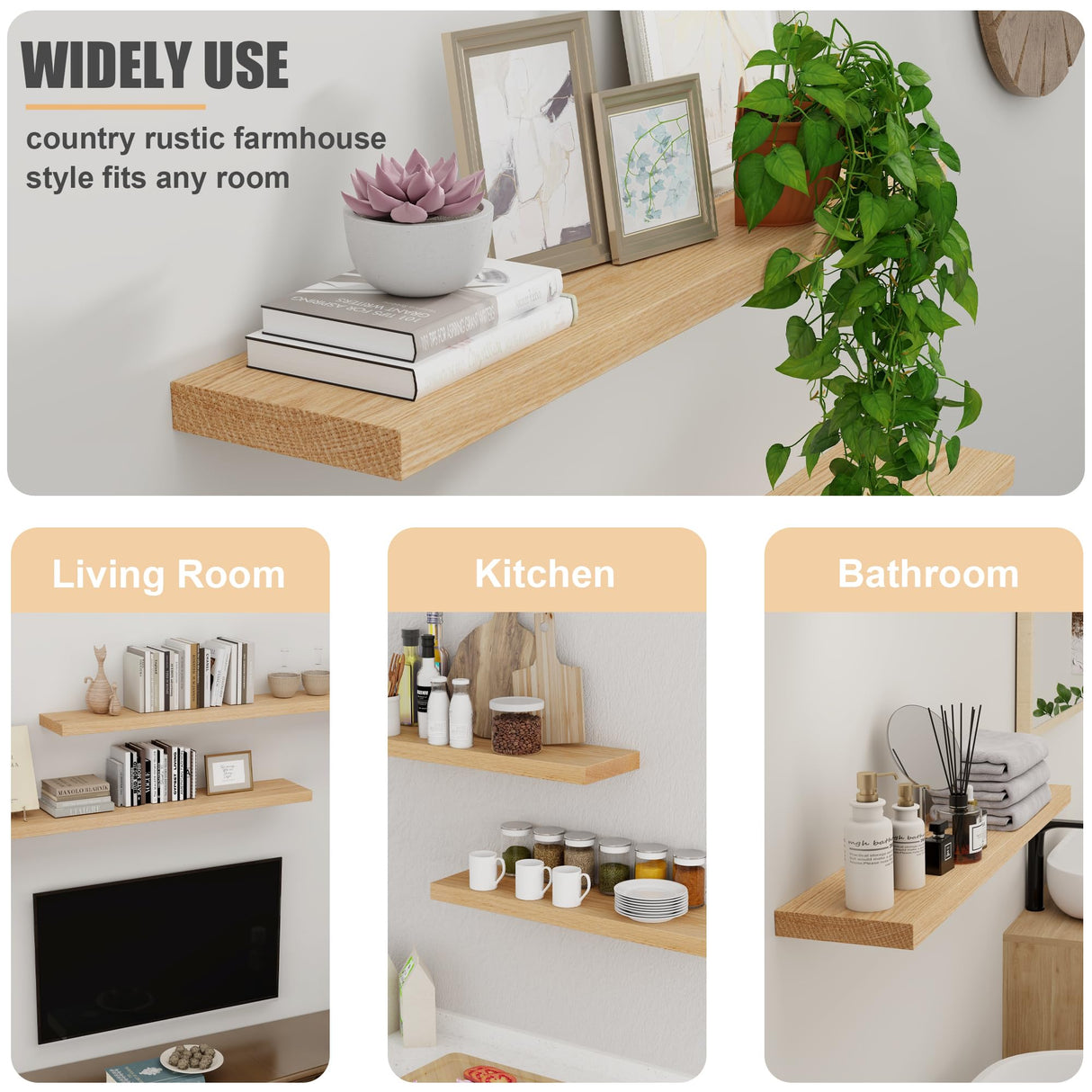 Solid Oak Floating Shelves - Set of 2, 24" Wide x 8" Deep Wall Mounted Rustic Wooden Display Shelf for Bathroom Bedroom Kitchen Garage with Heavy-duty Bracket - Natural Oak Finish FLYJOE