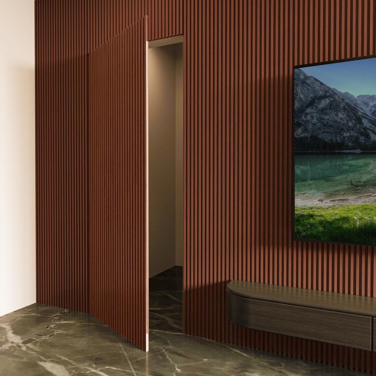 Art3d Slat Wood Wall Paneling for Interior and Ceiling Decoration - Pack of 4pcs + 1pc End-Trim, Size 108 x 5.7in.- Walnut Art3d