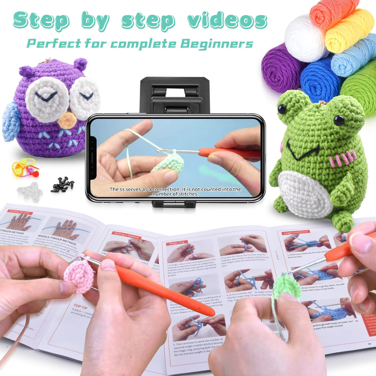 Crochet Kit for Beginners Kids Adults - Amigurumi Crocheting Animal Kits, Beginner Knitting Set DIY Art Craft, 3 Pattern Owl, Penguin, Frog, Easy to Learn Tutorials, Yarns, Hook, for Girls Age 12+ Andgiv