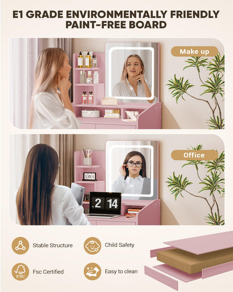 LIVELYGLOW Vanity Desk Set with Square Mirror and Light- Small Vanity Tale with Drawers- Pink LIVELYGLOW