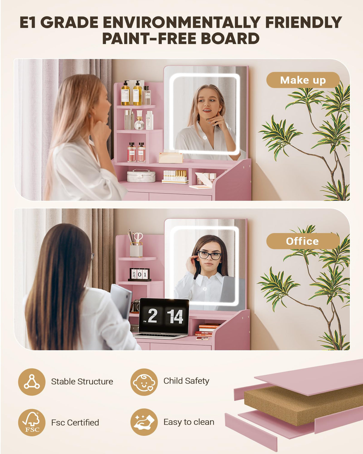 LIVELYGLOW Vanity Desk Set with Square Mirror and Light- Small Vanity Tale with Drawers- Pink LIVELYGLOW