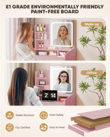 LIVELYGLOW Vanity Desk Set with Square Mirror and Light- Small Vanity Tale with Drawers- Pink LIVELYGLOW
