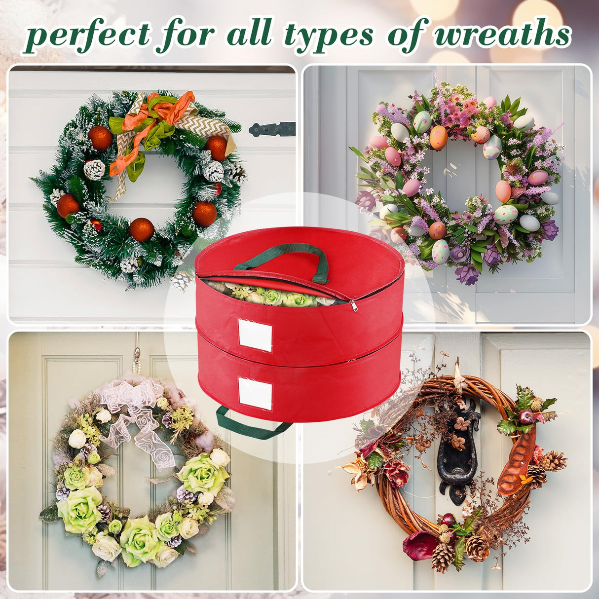 BlessedSeason Wreath Storage Container，Christmas Wreath Storage Bags for 2 Wreath with Dual Zipper and Handles, Dust, Pest Protection,Holiday Wreaths Storage Holder 24” (RED) BlessedSeason