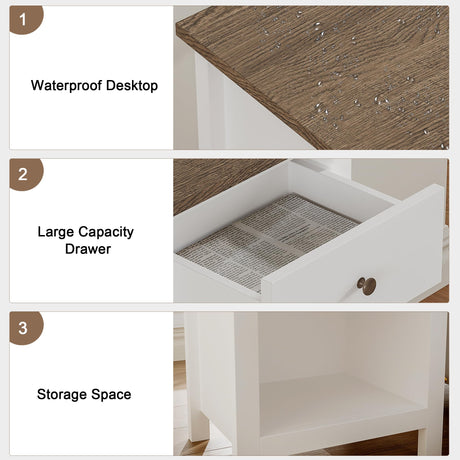 ChooChoo Farmhouse Nightstand with Charging Station, Wooden Top Bedside End Table with Drawer and Storage Space for Bedroom, White ChooChoo