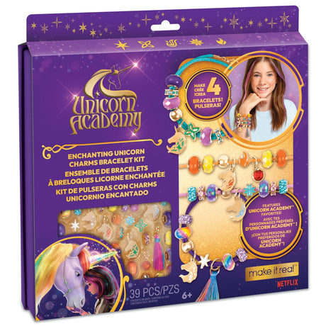 Make It Real: Unicorn Academy: Enchanting Unicorn Charms Bracelet Kit - 39pc DIY Jewelry Craft, Make 4 Charm & Bead Bracelets, Netflix Series, Kids 8+ Make It Real