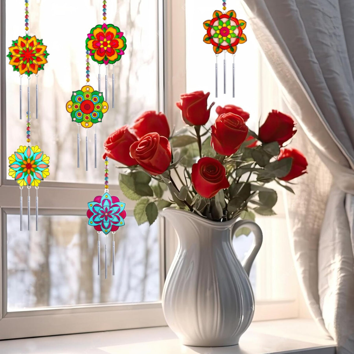 Ayhuhra 30 Sets Mandala Suncatchers Wind Chimes Craft Kits DIY Window Art Suncatcher Mandala Flower Craft Art Kit for Spring Summer Party Activities Art Project Party Favors Ayhuhra