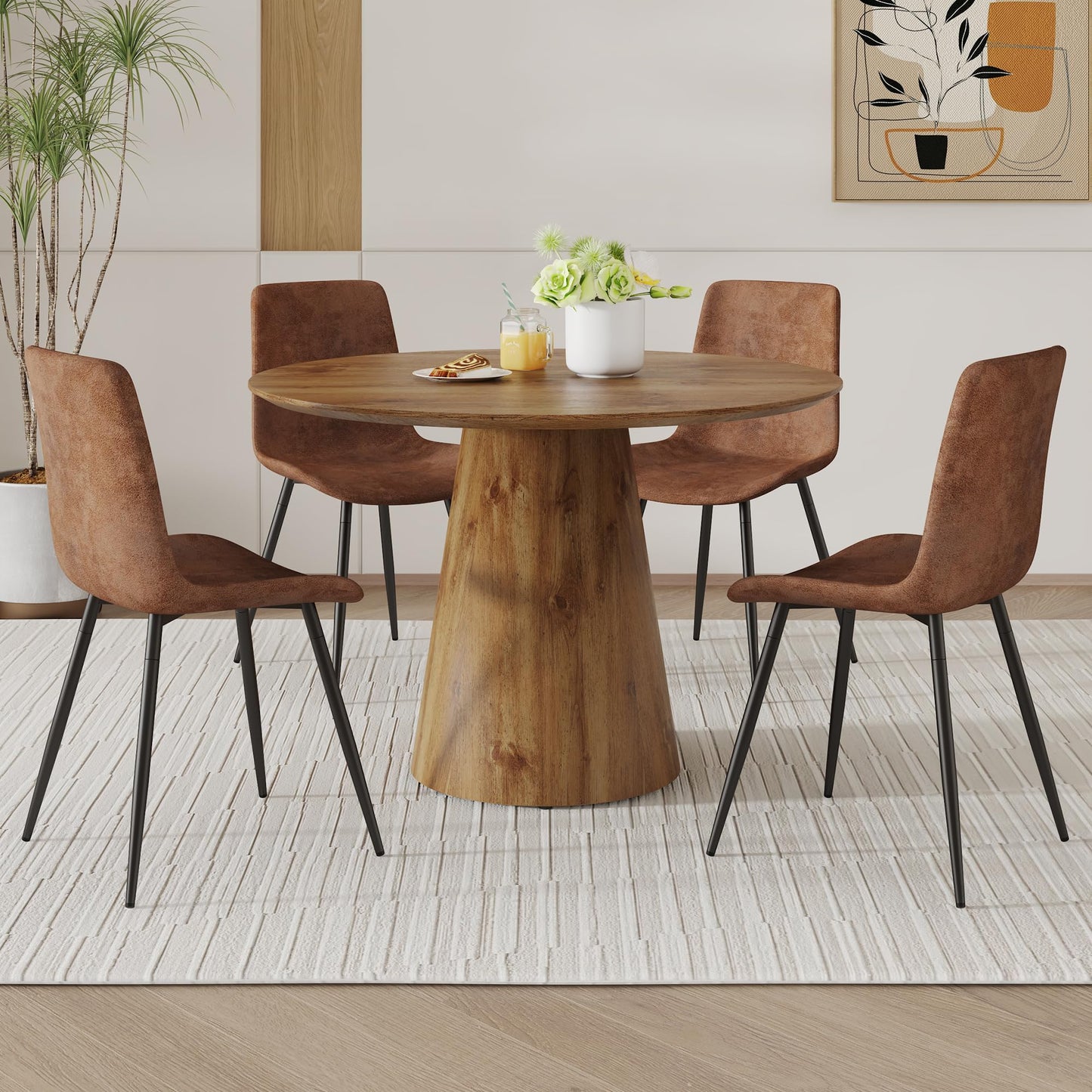 5 Piece Round Dining Table Set, Modern Kitchen Table and Chairs Set for 4, Wooden Table with 2.4-inch Thick Tabletop&4 Mid Century Upholstered Chairs with Soft Linen Fabric Cushion Seat&Metal Legs.