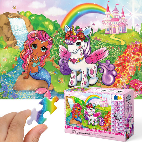 Marlo&Buzz 100-Piece Glitter Jigsaw: Unicorn and Mermaid Princess Puzzles Designed for Kids Ages 4-8. Large Pieces for Little Hands, Easy Daily Fun, Ideal 5-10 Year Old Girls' Gift Marlo & Buzz