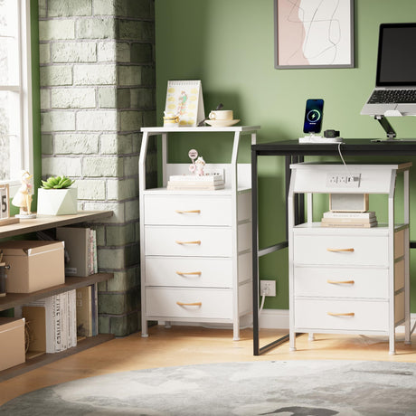 Furnulem Night Stand with Charging Station, 28.3 Inch Tall Bedside Table with PVC Drawers, End Table with USB Ports and Outlets, 3 Fabric Drawer Storage Nightstand for Bedroom, 3 Ways to Use, White Furnulem