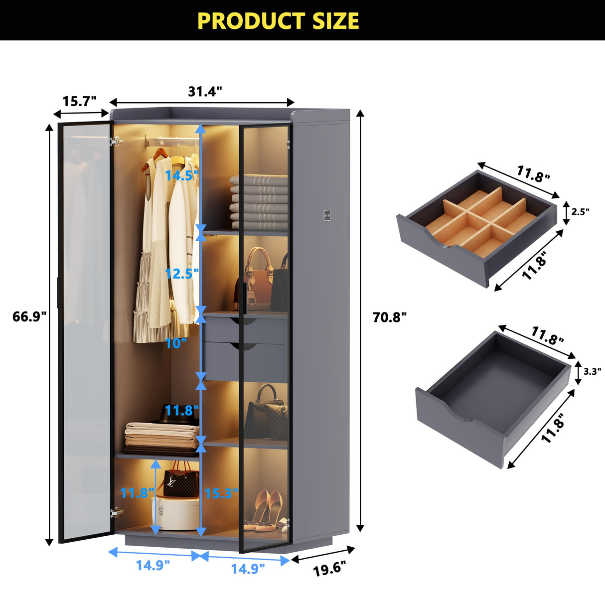 Wardrobe-Storage Cabinet With Human Sensor Design - Side Cabinet with LED Lighting - Organizer Armoire have 2 Drawers&6 Shelfs - Wardrobe With 2 Acrylic Door - Closet for Bedroom Furniture-Grey FREDEES