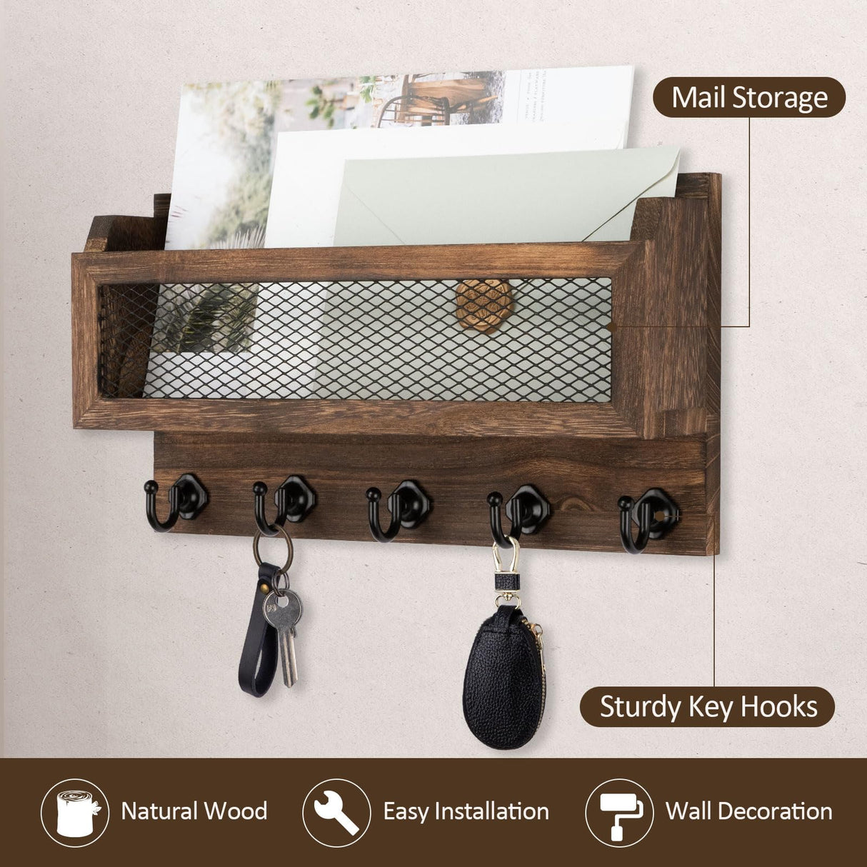 Nekon Mail and Key Holder for Wall Decorative, 11 Inch Wooden Wall Key Organizer with 5 Key Hooks, Wall Mount Storage Shelf for Entryway Hallway (Brown) Nekon