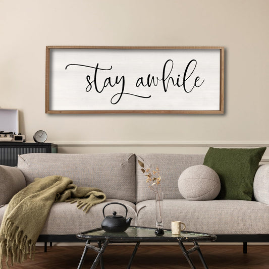 Stay Awhile Sign Wall Decor 32"X12" Large Living Room Entryway Wood Framed Rustic Wall Decor for Vintage Farmhouse Foyer Hanging Lets Stay Home Wall Art (Wood)