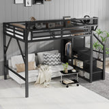 Mirightone Full Size Loft Bed with Stairs, Metal Loft Beds, High Loft Bed Frame with Storage Shelves, Lofted Full Bed with Wardrobe for Kids and Teens, No Box Spring Needed (Black) Mirightone