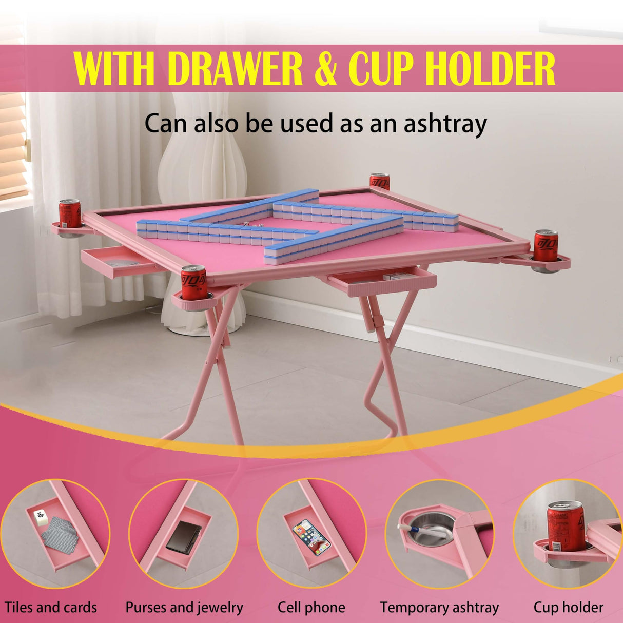 MJTABLE Pink Mahjong Table, 35" Square Game Table with Resistant Wood Tabletop, Portable Folding Card Table with 4 Drawers and 4 Cup Holders, Domino Table for Party, Game Nights, Gifts for Retirees MJTABLE