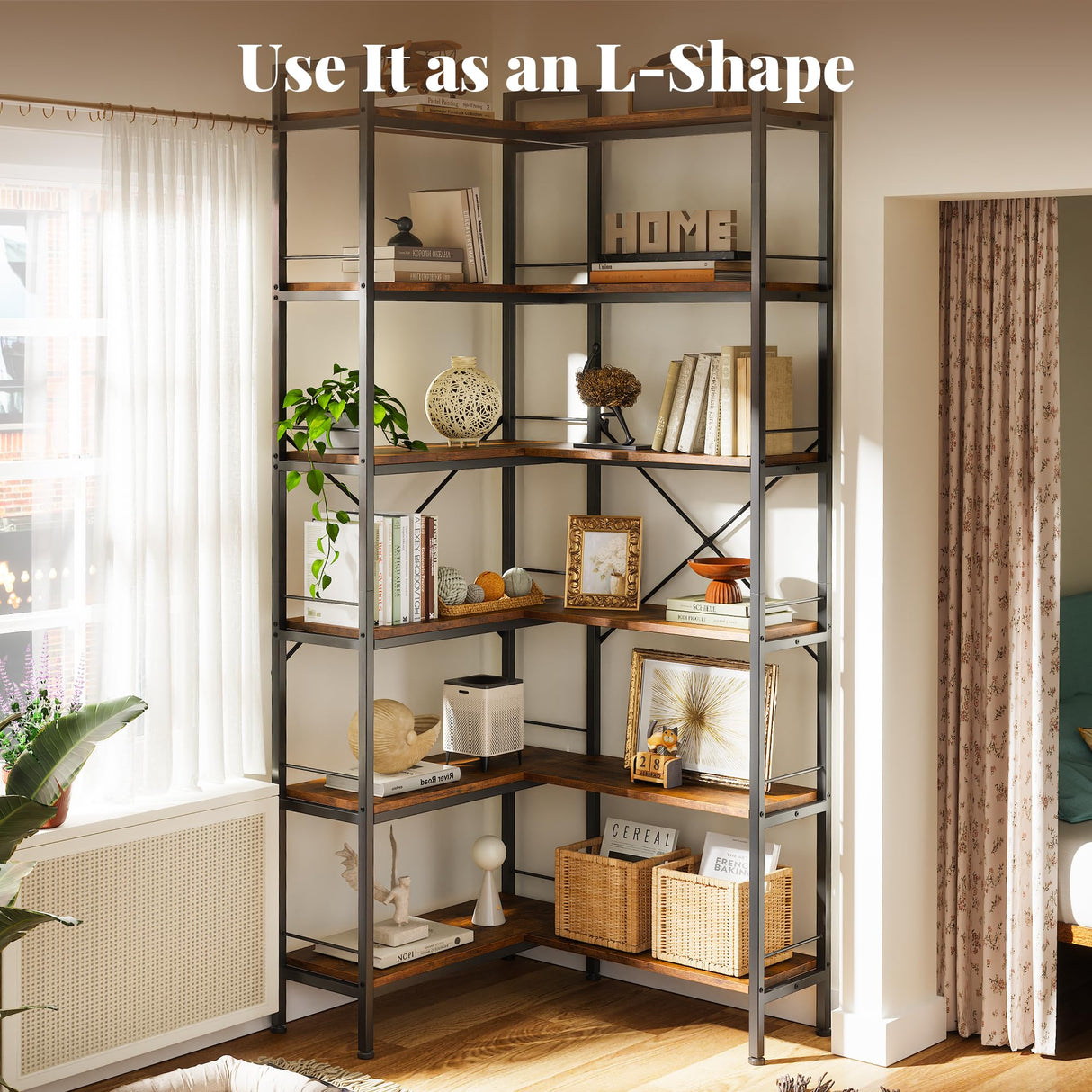 Huuger 6 Tier Bookshelf, L Shaped Corner Bookshelf with Open Shelves, 49.4 Inch Straight Wide Bookcase with Metal Frame and Wooden Board, Adjustable Feet, Rustic Brown Huuger