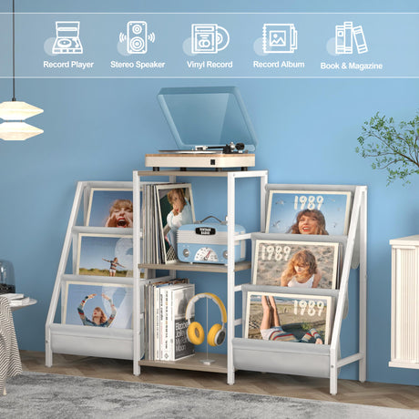 Record Player Stand with Vinyl Storage, Record Player Table with Record Storage 200 Albums, Turntable Stand with Record Holder Vinyl Display Shelf, Record Cabinet Media Stereo Tewinko