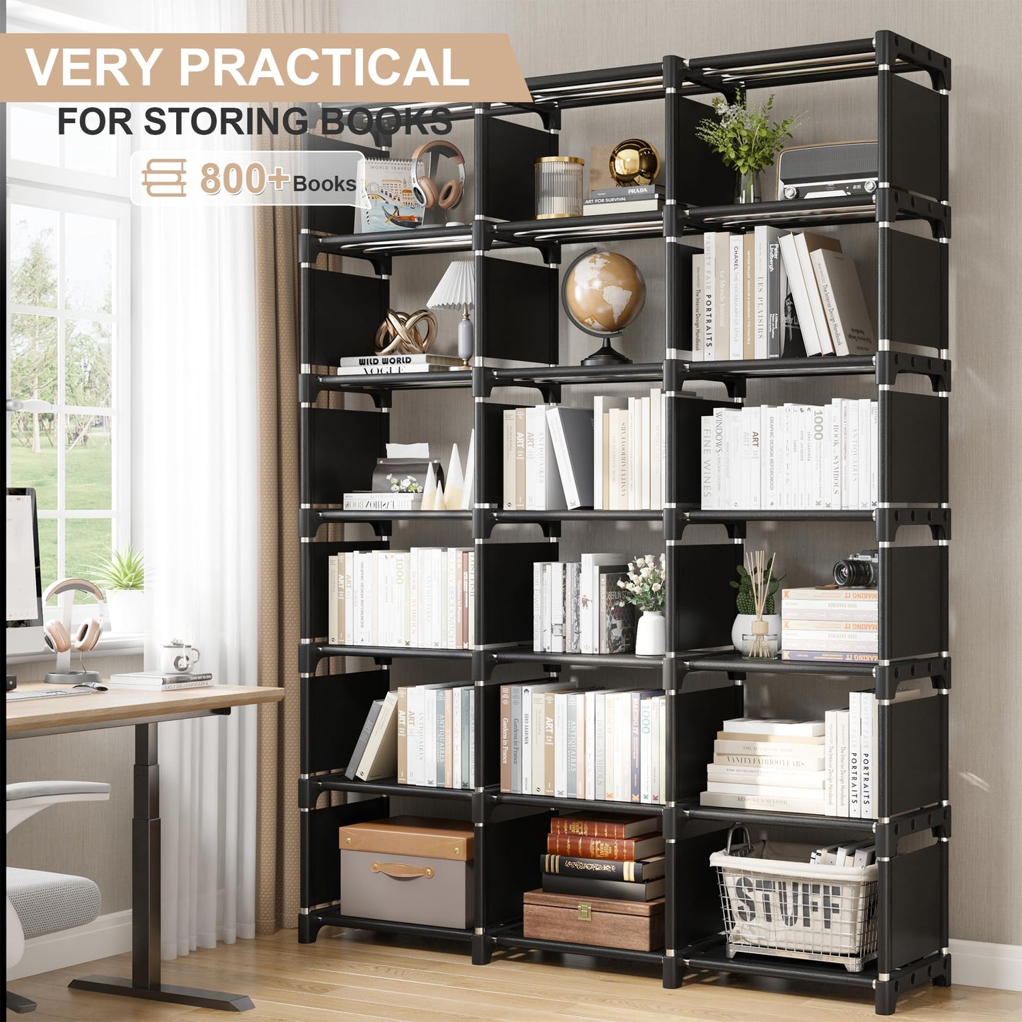 REIBII DIY Multi-Purpose Black Bookshelf with 18 Storage Cubes for Home and Office - WoodArtSupply