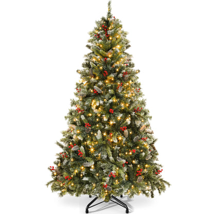 YITAHOME Pre-lit Pre-Decorated Pine Artificial Christmas Tree 9ft, Artificial Hinged Christmas Tree with 2058 Frosted Tips, 900 Lights, 111 Pine Cones, 111 Red Berries for Holiday Party Office Home