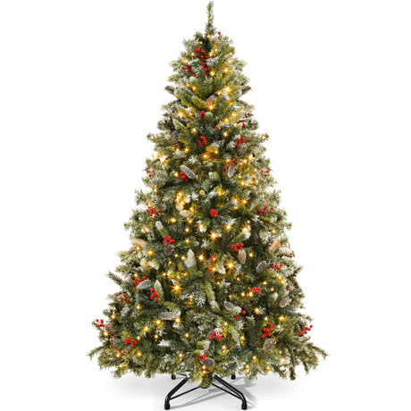 YITAHOME Pre-lit Pre-Decorated Pine Artificial Christmas Tree 9ft, Artificial Hinged Christmas Tree with 2058 Frosted Tips, 900 Lights, 111 Pine Cones, 111 Red Berries for Holiday Party Office Home YITAHOME