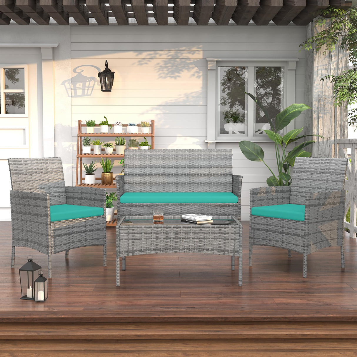 VONZOY Patio Furniture Set 4 Pieces Small, Belcony Furniture Outdoor Wicker Patio Conversation Set for Backyard,Porch, Deck,Garden,Poolside and Balcony (Turquoise) VONZOY