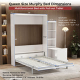 FAVSH Queen Size Murphy Bed Cabinet with Shelf and Hidden Table, Wood Hideaway Beds,Wall Bedframe for Bedroom,Space-Saving, Noise Free, White FAVSH